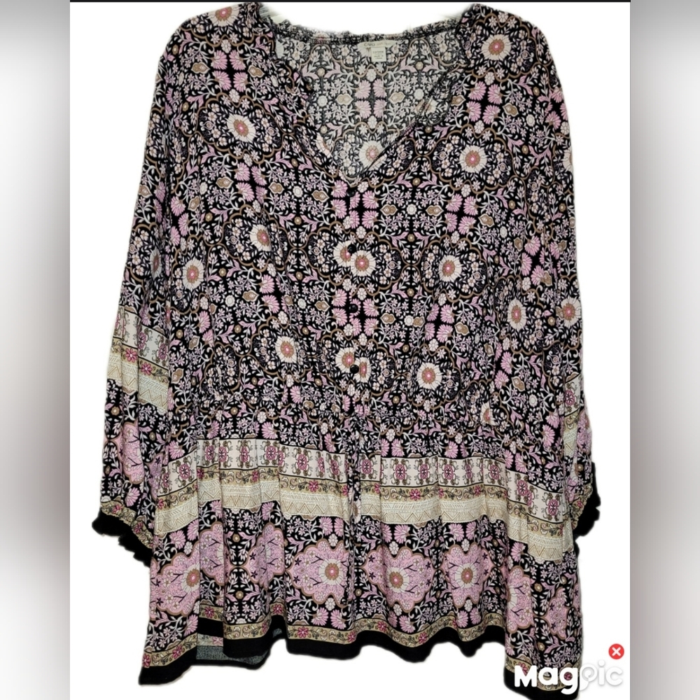 Cato Black & Prism Pink Floral Boho Drop Waist Rayon V Neck Blouse Size 22/24W